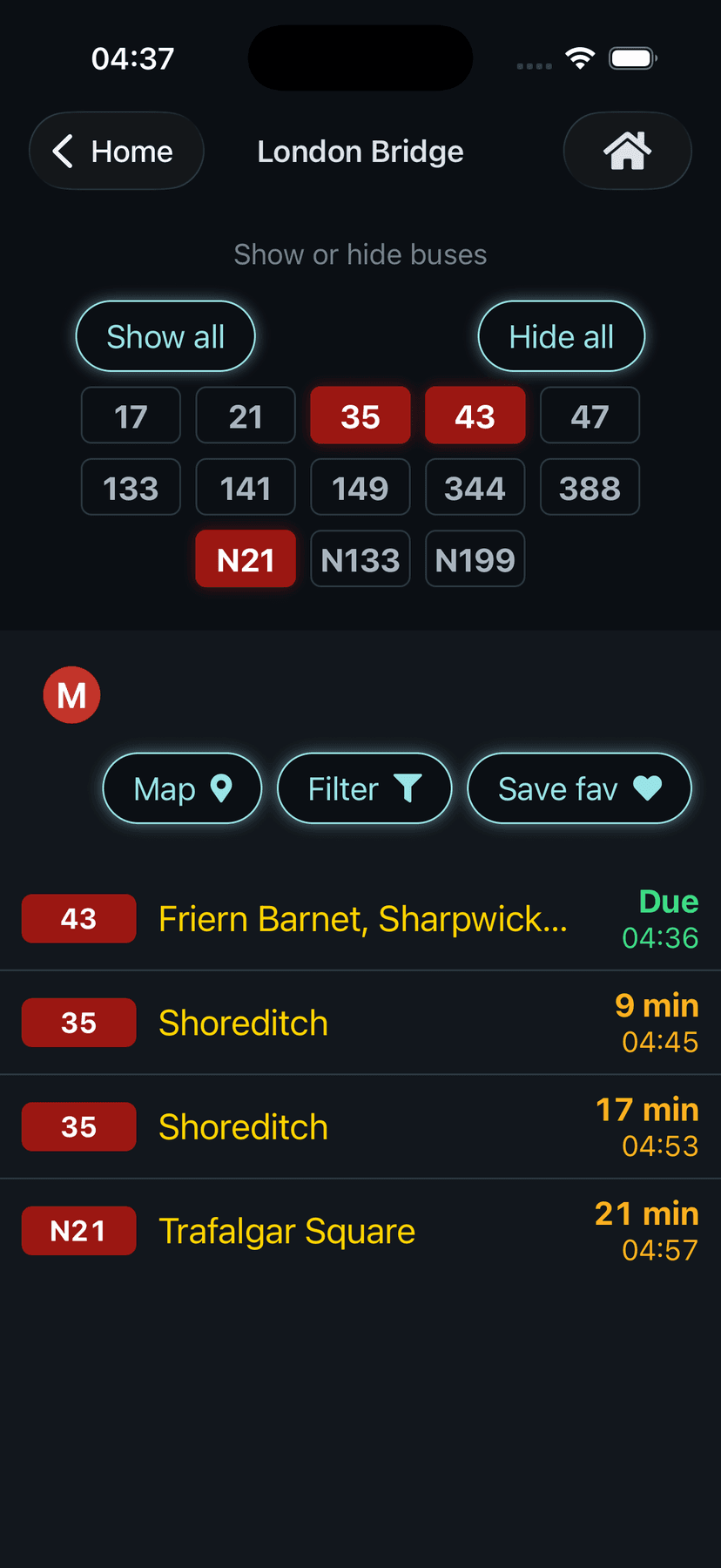 BusDue stop screen with route filters
